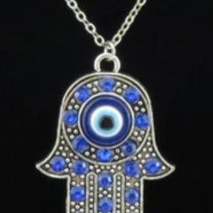 Women Blue Rhinestone Evil Eye Hamsa Hand Pendant